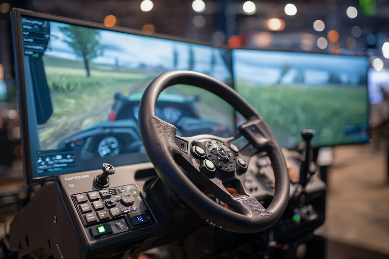 Close-up van een professioneel Farming Simulator station met Heavy Equipment stuur en pedalen
