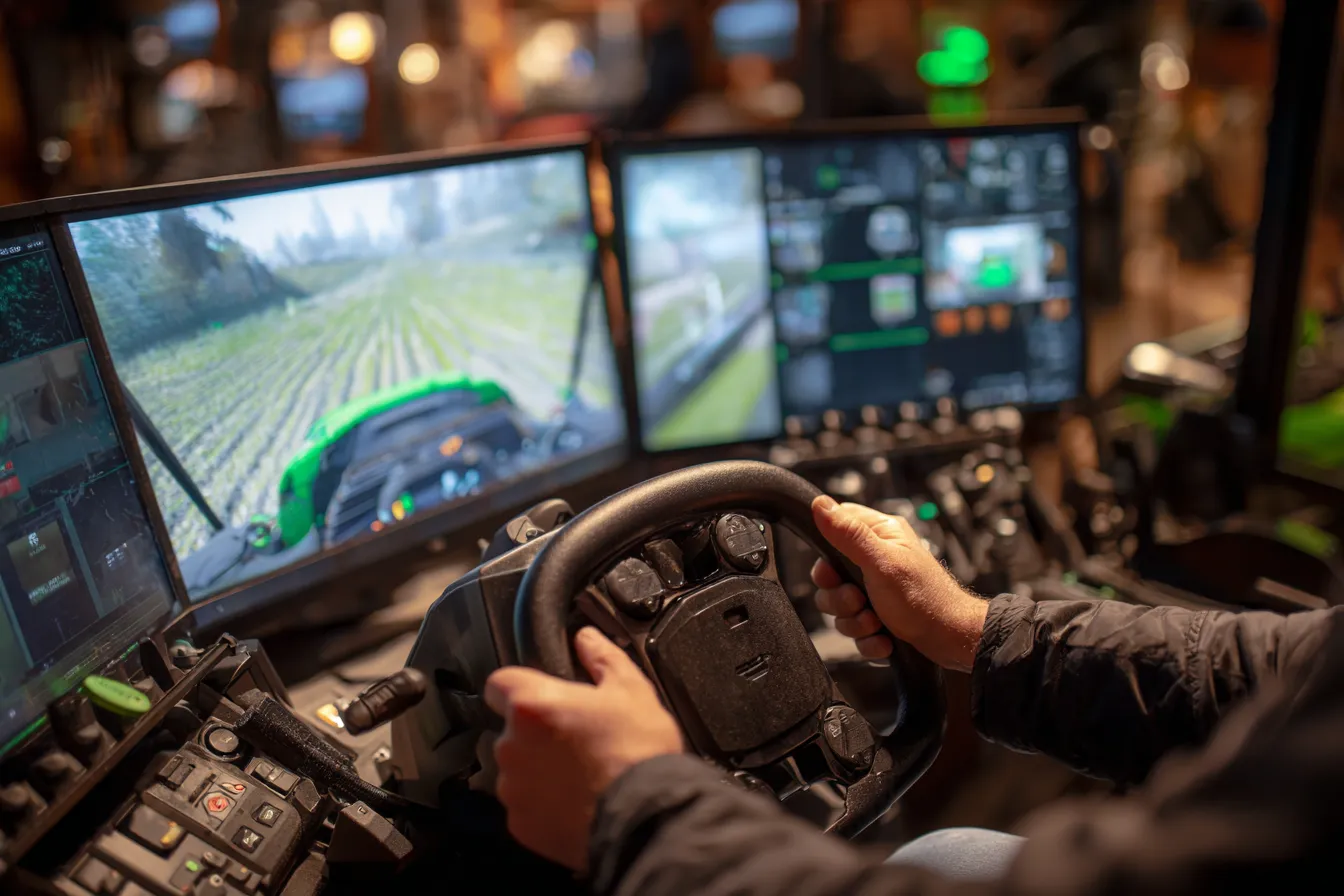 Deelnemer aan het stuur van een tractor in Farming Simulator op een professioneel gaming station