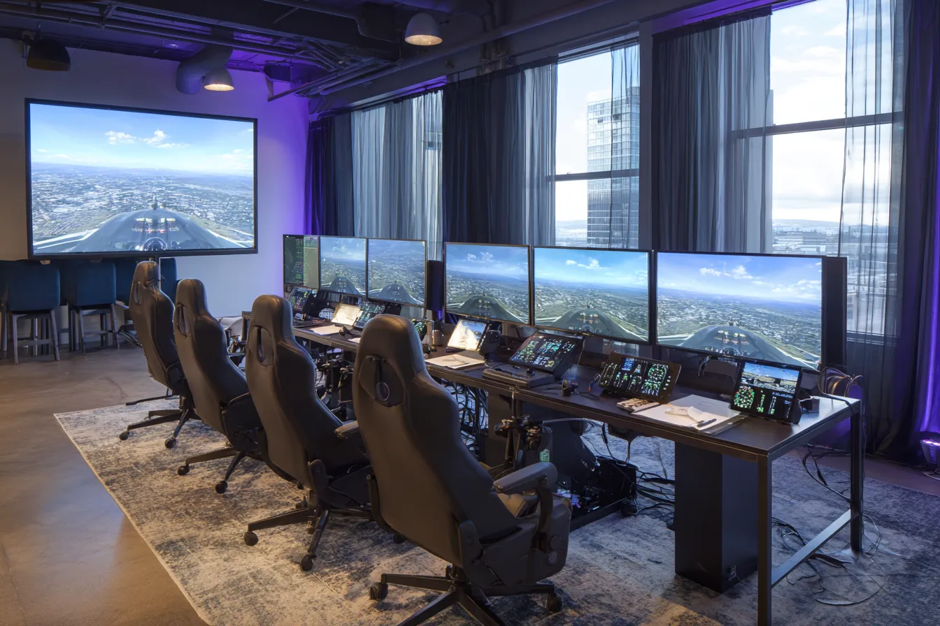 Professionele vluchtsimulator opstelling in een event-ruimte, klaar voor gebruik