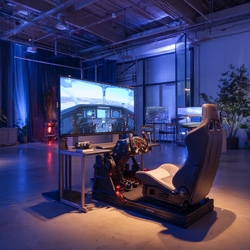 Twee vluchtsimulator opstellingen naast elkaar: standaard met één scherm en premium met triple screen setup