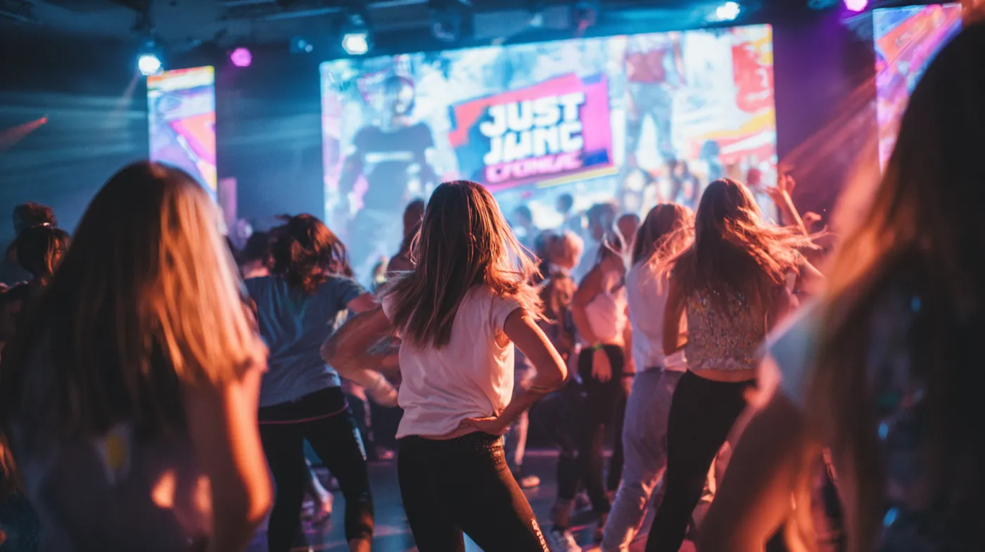 Groep jongeren danst enthousiast mee met Just Dance op een groot scherm tijdens een WePlay United dansevent
