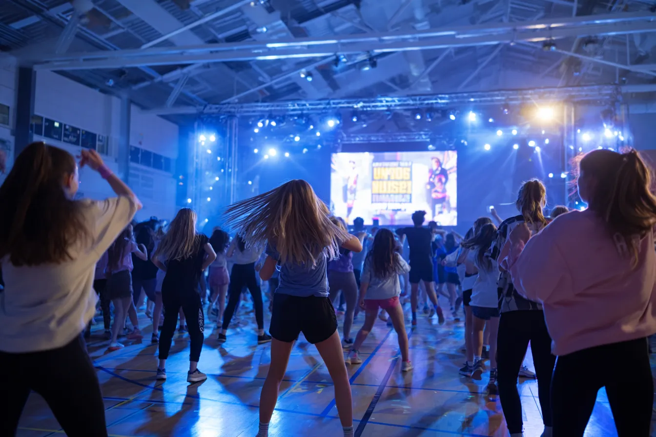 Enthousiaste tieners dansen mee met Just Dance tijdens een schoolactiviteit