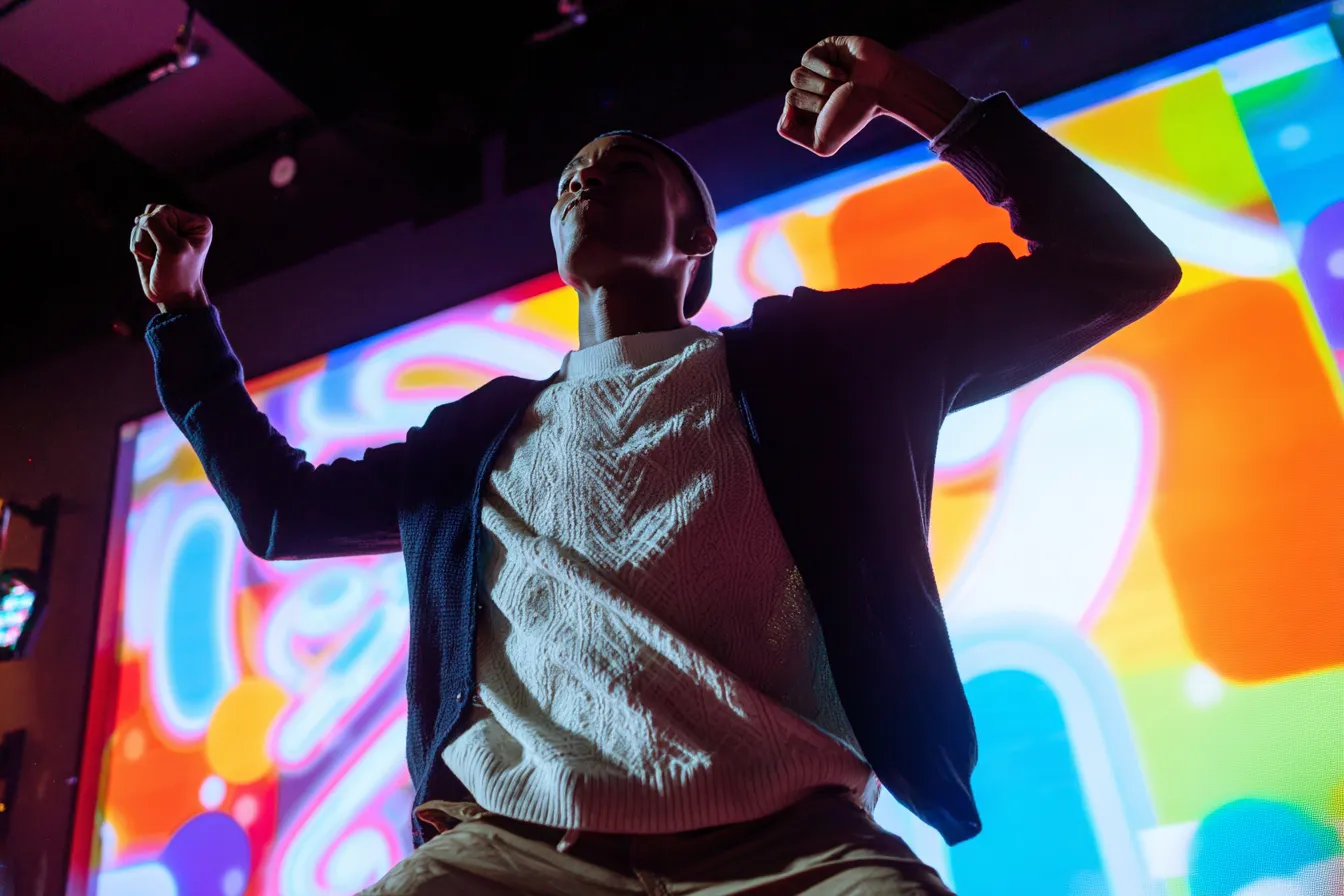 Deelnemer danst vol energie mee met Just Dance, kleurrijke achtergrond en scherm zichtbaar