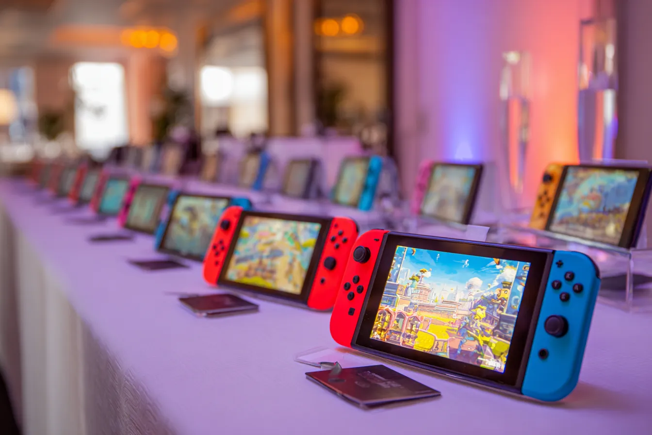 Meerdere Nintendo Switch 2 gaming stations netjes opgesteld voor een event