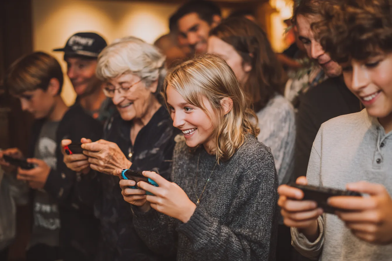 Gemengde groep volwassenen en jongeren geniet van retro arcade spellen tijdens een nostalgisch evenement