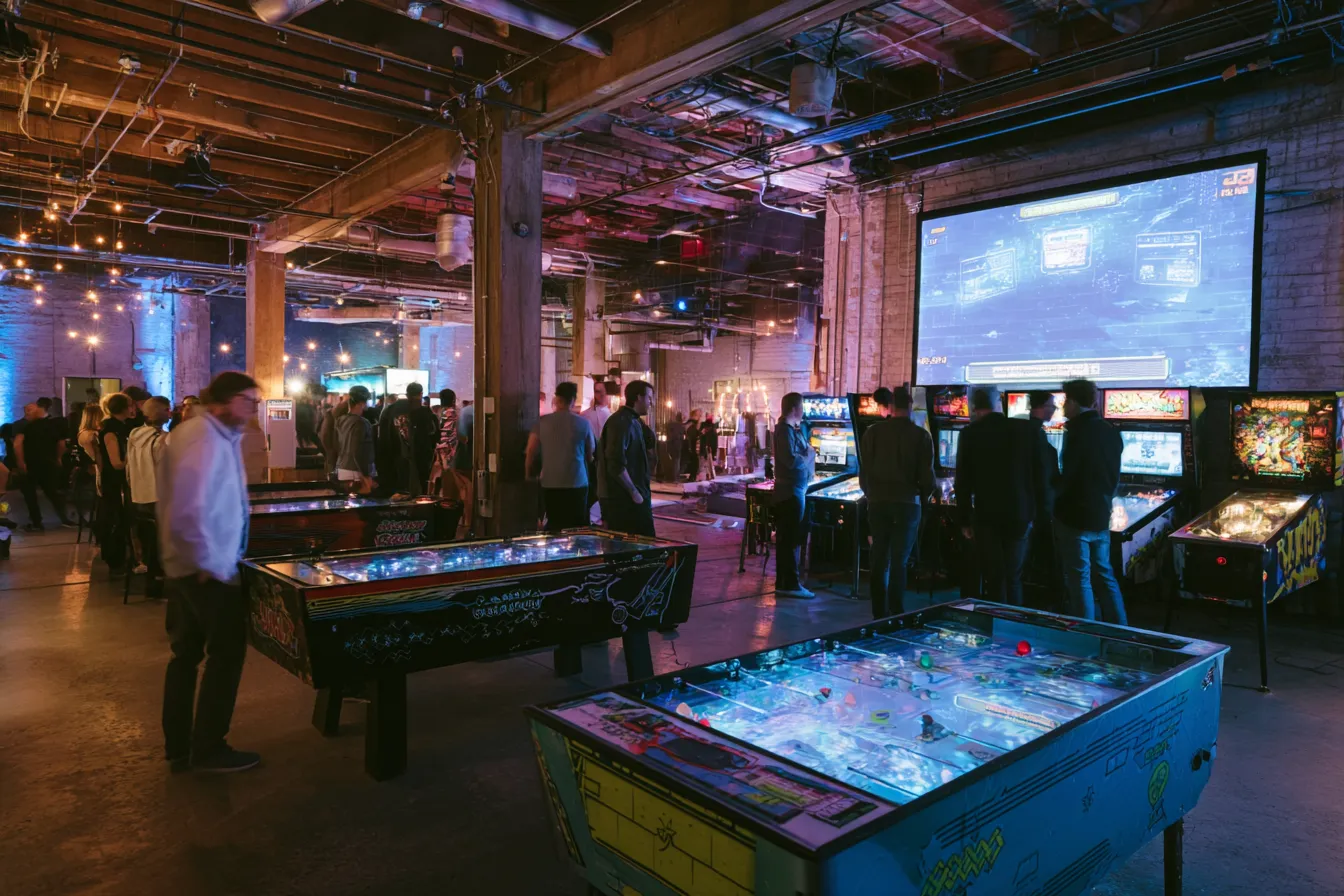 Event-ruimte met meerdere retro gaming stations inclusief Flipperkasten en Air Hockey tafels