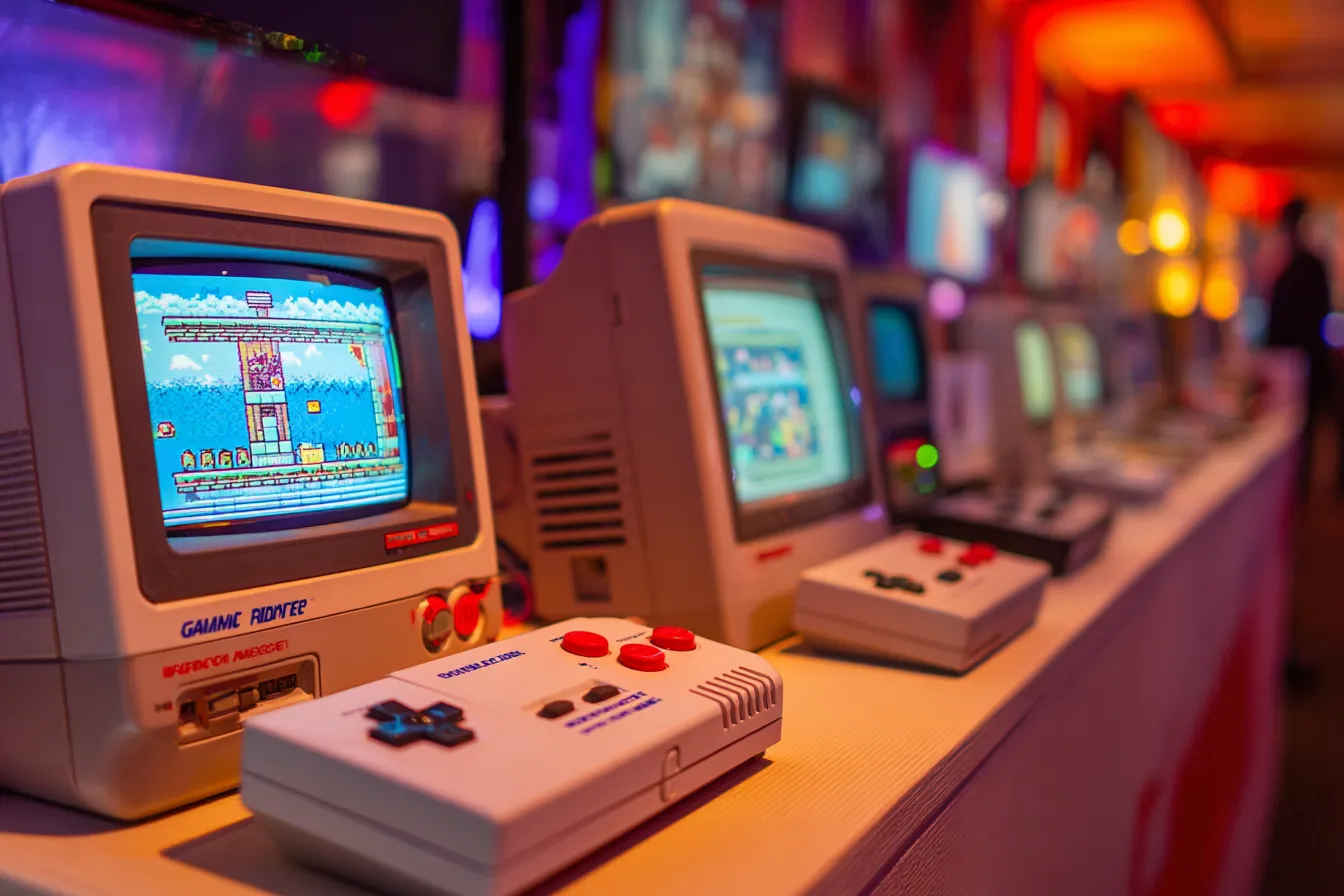 Close-up van een retro gaming opstelling met vintage consoles, controllers en schermen op een evenement
